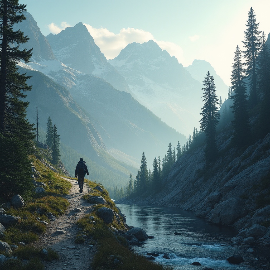 Prompt: Mountainous environments, snowy peaks, rugged terrain, misty atmosphere, majestic pine trees, rocky cliffs, winding mountain roads, solitary hiker, backpack, hiking boots, windbreaker jacket, trekking poles, breathtaking vistas, dramatic lighting, low-angle shot, cinematic composition, atmospheric perspective, realistic textures, detailed foliage, morning fog, sunrise glow.