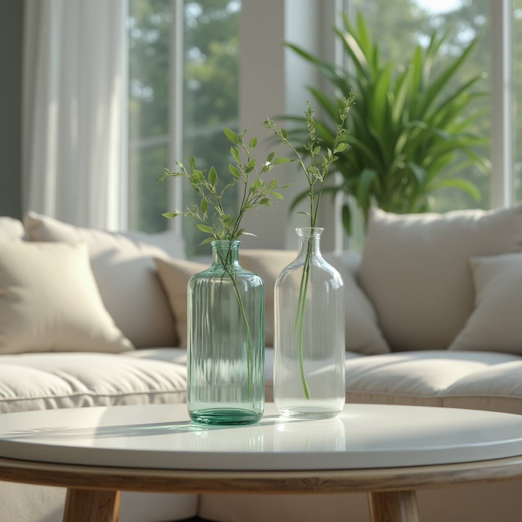 Prompt: Glass material, modern design, sleek lines, transparent, reflective surface, shiny texture, subtle shadows, minimalist style, interior decoration, living room, coffee table, decorative vase, green plants, softbox lighting, 3/4 composition, shallow depth of field, natural ambiance.