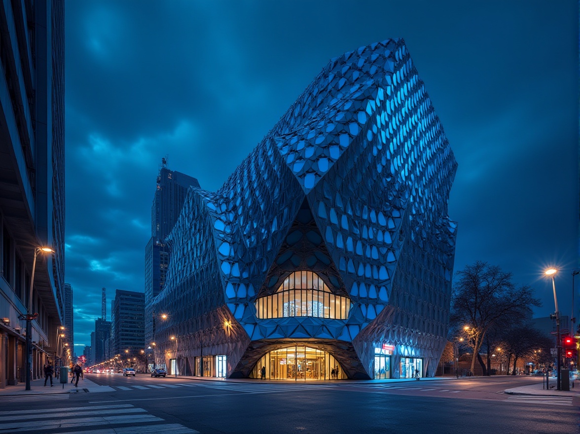 Prompt: Indigo building, modern architecture, unique shape, geometric pattern, indigo facade, glass material, metallic accents, urban cityscape, night scene, streetlight illumination, dramatic shadows, 3/4 composition, low-angle shot, cinematic mood, futuristic ambiance.