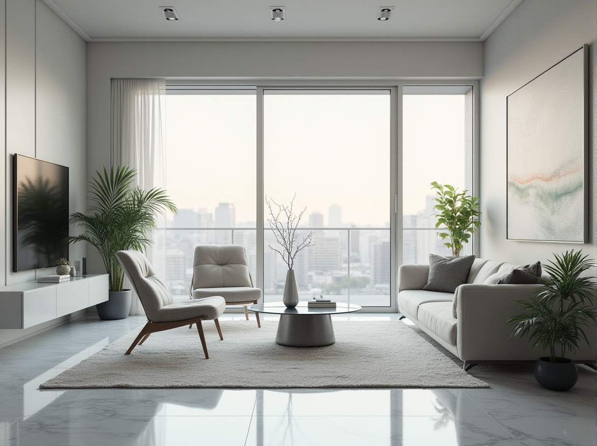 Prompt: Modern interior, light gray walls, sleek lines, minimalist decor, floor-to-ceiling windows, city view, 3/4 composition, soft natural lighting, marble flooring, low-profile sofa, chrome accents, geometric-shaped coffee table, potted plants with clean lines, abstract artwork, ambient Occlusion, cinematic mood, afternoon sun, soft focus, shallow depth of field.