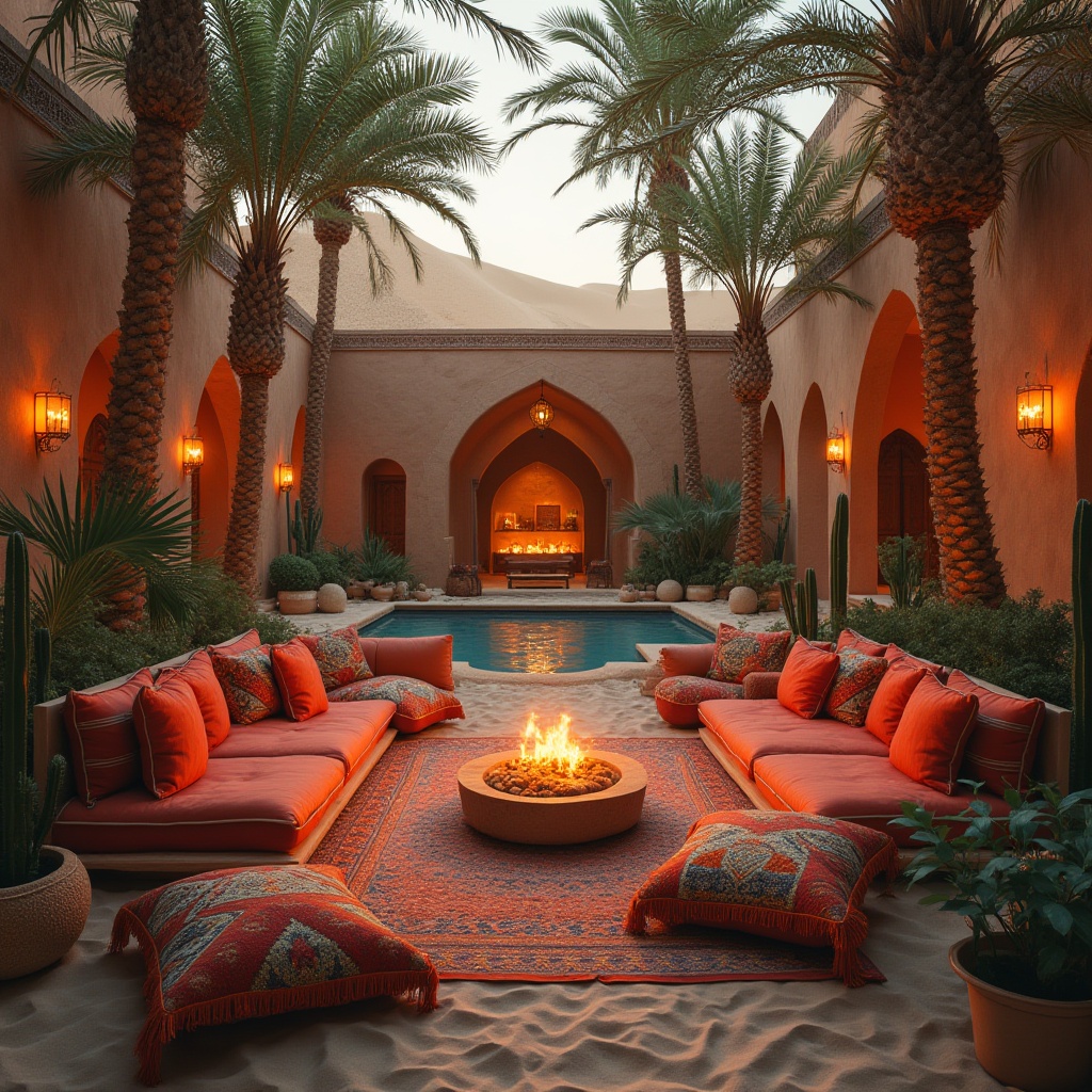 Prompt: Cozy oasis, harsh desert environment, sandy dunes, cacti, palm trees, vibrant colored fabric, woven patterns, lanterns, warm lighting, comfortable seating, plush cushions, Moroccan-inspired architecture, intricate tile work, rustic wooden doors, lush greenery, refreshing water features, serene ambiance, 3/4 composition, shallow depth of field, warm color palette.