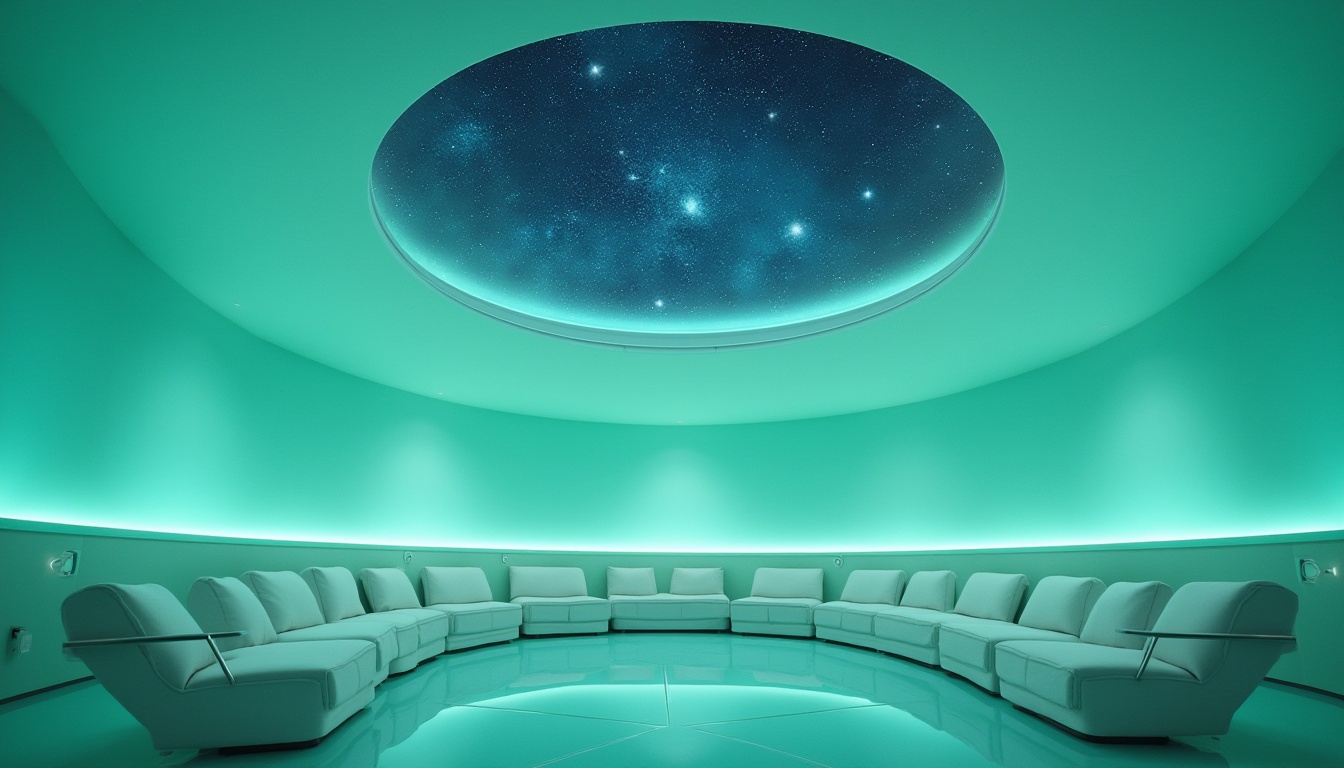 Prompt: Calming planetarium interior, mint color accents, futuristic dome-shaped ceiling, starry night sky projection, comfortable cushioned seats, sleek metallic handrails, soft glow of LED lights, minimalistic architecture, ambient Occlusion, gentle mist atmosphere, 3/4 composition, wide-angle lens, shallow depth of field, cinematic lighting, vibrant mint green walls, subtle texture, reflective surfaces.