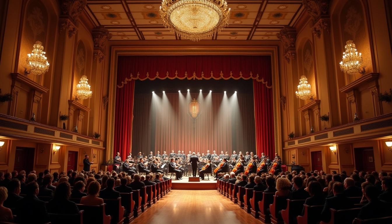 Prompt: Indoor concert hall, grand stage, velvet curtains, golden chandeliers, wooden floor, dimmable lighting, rows of seats, audience in suits and dresses, musicians with instruments, conductor leading the orchestra, spotlights shining down, acoustical panels on walls and ceiling, soft carpet, ornate decorations, high ceilings, luxurious atmosphere, warm colors, intimate setting, 3/4 composition, low-angle shot, dramatic lighting, cinematic mood.