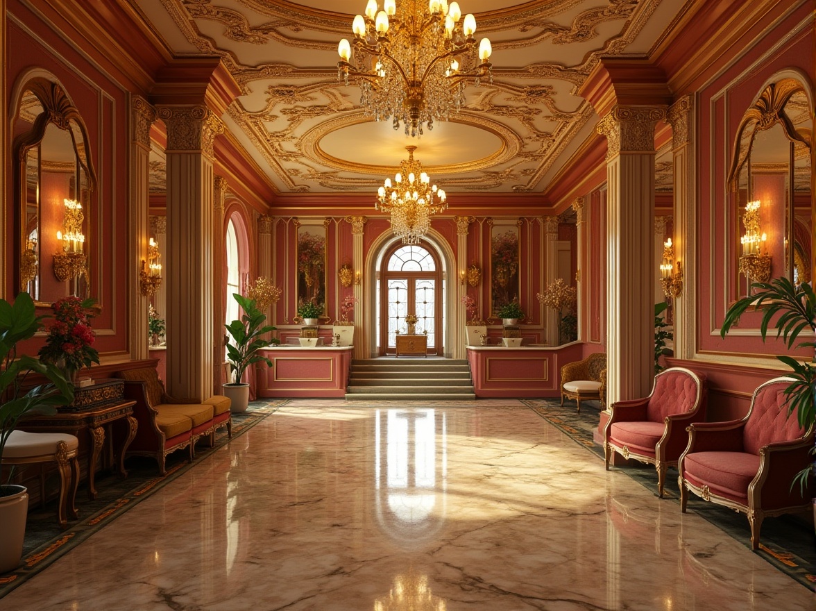 Prompt: Art Deco style, luxurious interior, ornate plaster material, intricate geometric patterns, gold leaf accents, lavish furnishings, ornamental mirrors, crystal chandeliers, velvet curtains, grand staircase, opulent columns, marble floors, richly textured walls, warm golden lighting, cinematic composition, 3/4 view, shallow depth of field, highly detailed architecture.