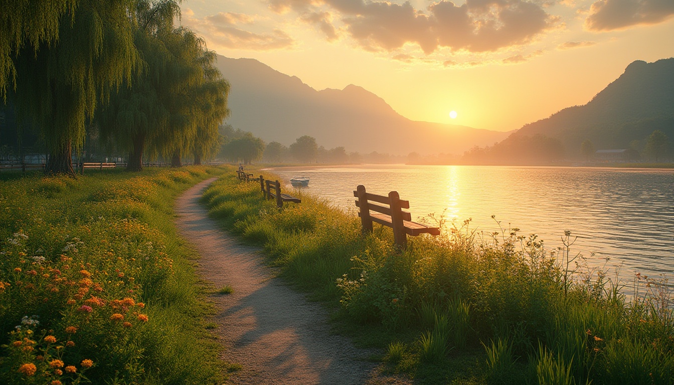 Prompt: Riverbank scenic area, sunset atmosphere, gentle slope, lush green grass, vibrant wildflowers, weeping willows, wooden benches, walking path, tranquil water surface, soft ripples, distant mountains, serene backdrop, warm ambient lighting, 3/4 composition, panoramic view, realistic, cinematic, nature, ecology, conservation, outdoor furniture, leisure activities.