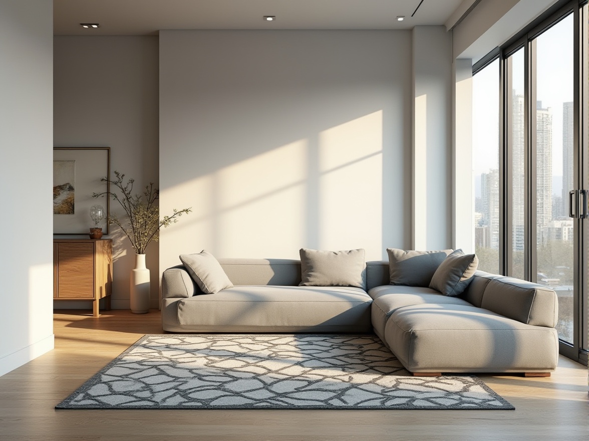 Prompt: Modern living room, light gray walls, minimalist furniture, sleek lines, low-profile sofa, geometric patterned rug, floor-to-ceiling windows, cityscape view, afternoon sunlight, subtle shadows, warm tone, Scandinavian style, wooden accents, metallic decorations, 3/4 composition, soft focus, cinematic lighting, shallow depth of field.