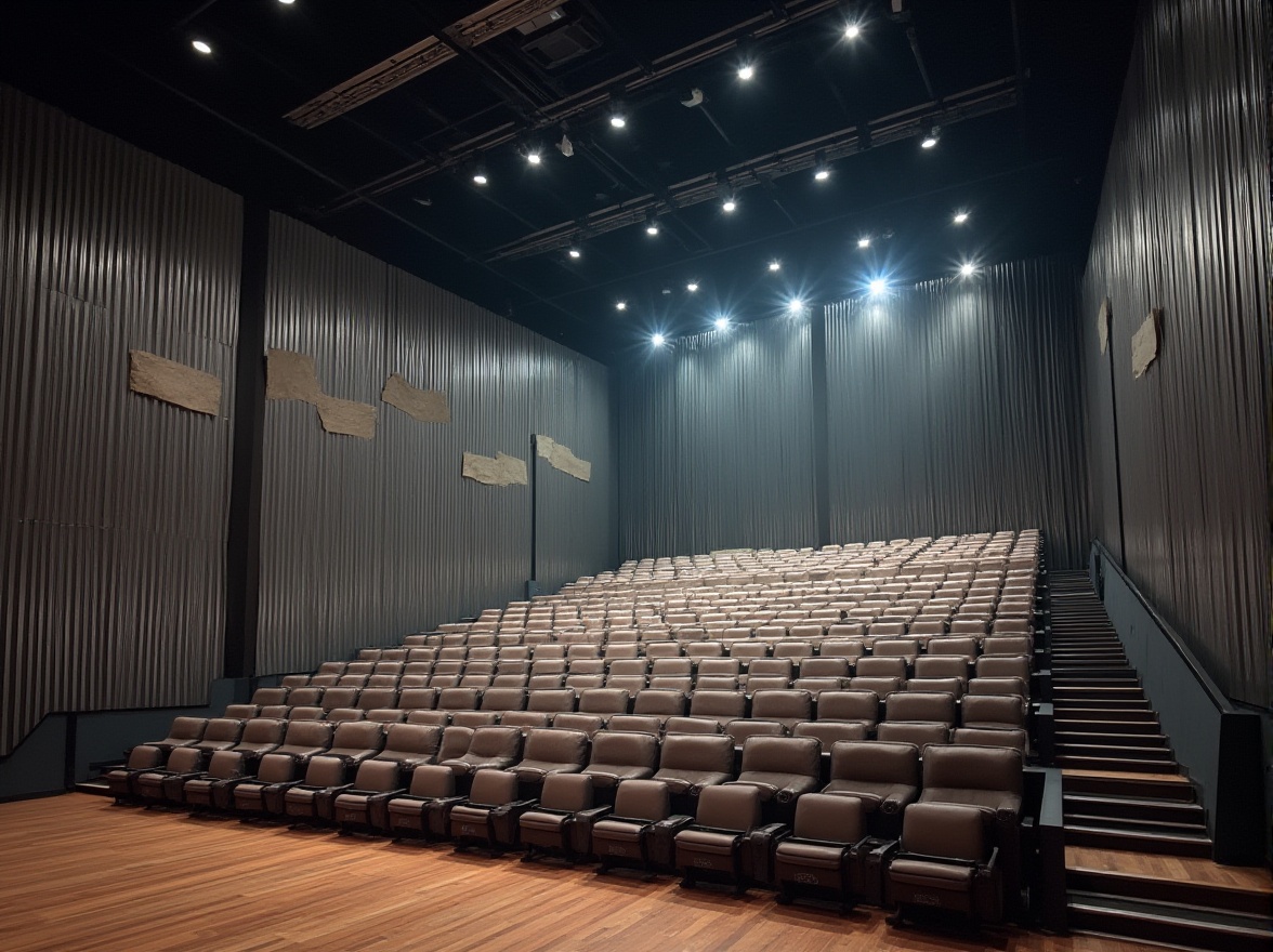 Prompt: Auditorium interior, modern architectural design, corrugated iron walls, industrial chic, metallic sheen, silver color tone, geometric patterns, acoustic panels, spotlights, wooden flooring, minimalist seating, audience perspective, dramatic shadows, high ceiling, urban atmosphere, abstract composition, cinematic lighting.