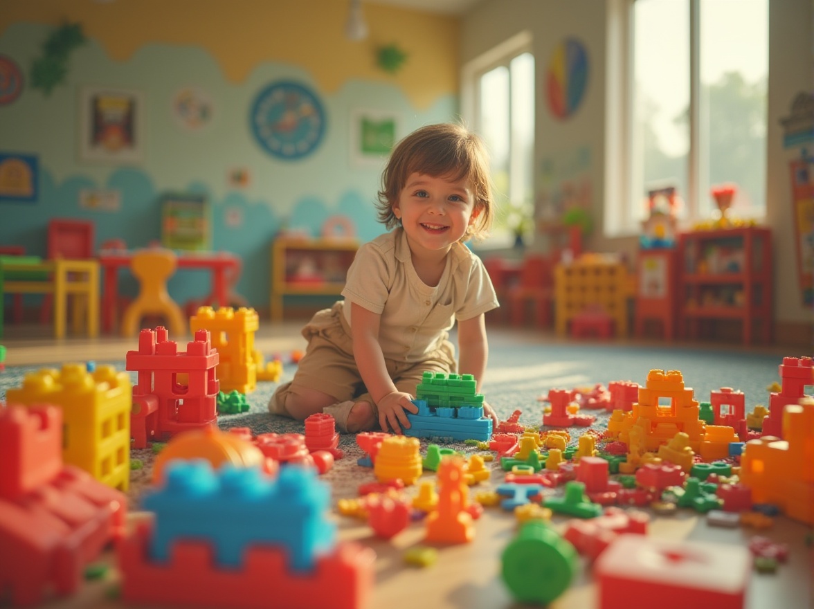 Prompt: Colorful kindergarten, plastic toys scattered, bright colorful blocks, plastic chairs, tables, educational facilities, soft play area, ball pit, plastic balls, climbing facility, slide, rope bridge, kindergarten teacher, 30yo, gentle smile, short hair, casual wear, standing, guiding children, warm lighting, morning atmosphere, shallow depth of field.