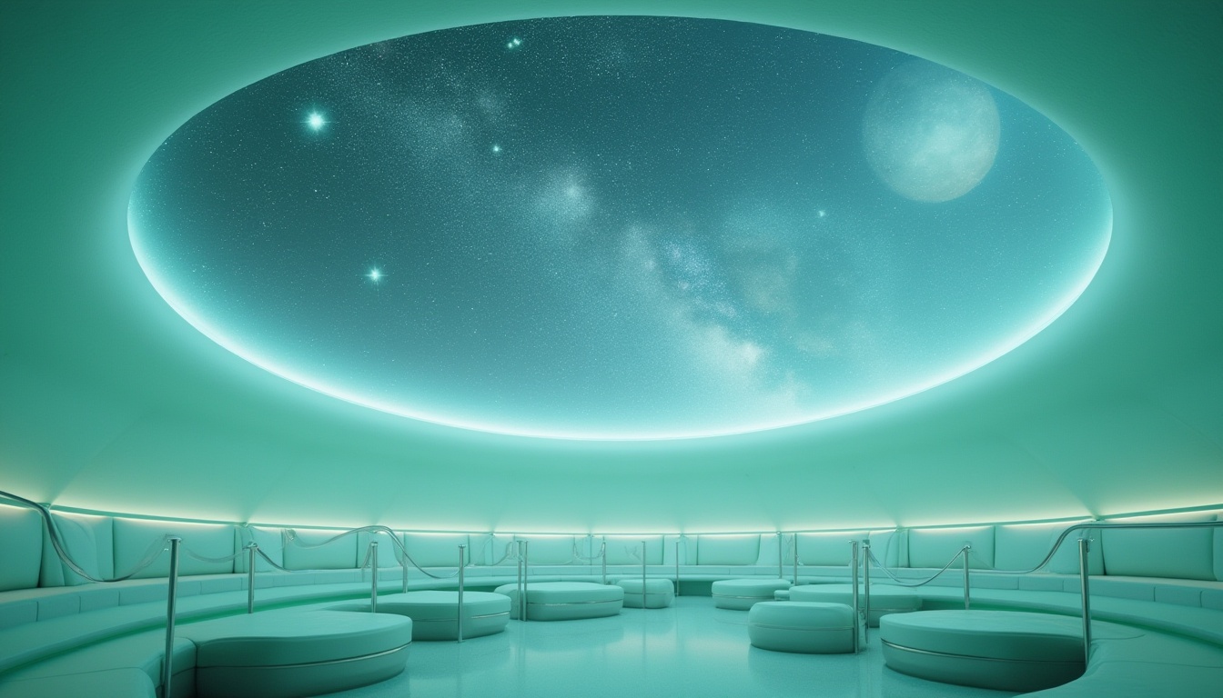 Prompt: Calming planetarium interior, mint green accent wall, starry night sky projection, soft glowing light installation, futuristic circular seating, stainless steel handrails, minimalist decor, sleek lines, modern architecture, ambient lighting, 3/4 composition, low-angle shot, shallow depth of field, blurred background, high-tech atmosphere, celestial bodies visualized on the dome ceiling, gentle gradient color transition, pastel-colored furniture, metallic accents, space-inspired design elements.