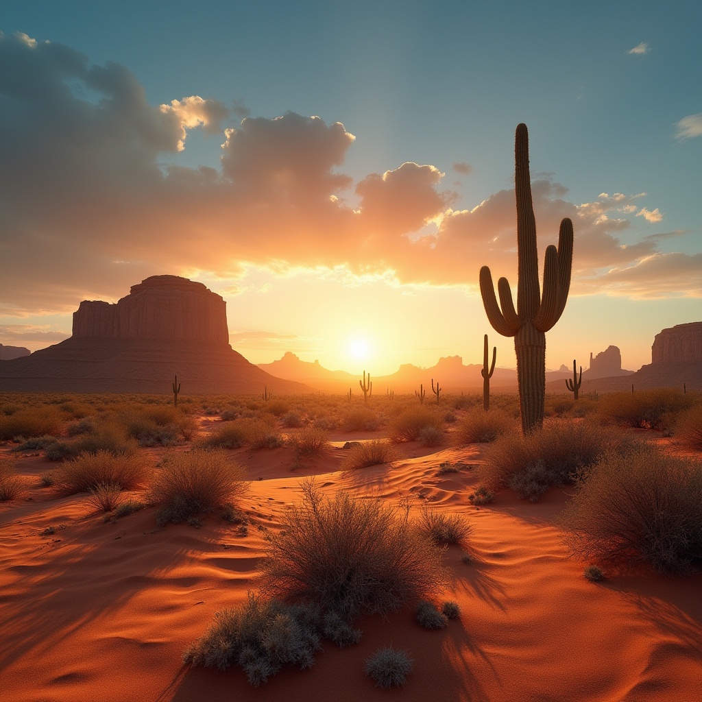 Prompt: ocher color, desert landscape, warm sandy dunes, rocky formations, vast open space, endless blue sky, few scattered cacti, majestic saguaro, dramatic sunset, vibrant orange hues, soft warm lighting, panoramic view, low angle shot, cinematic composition.