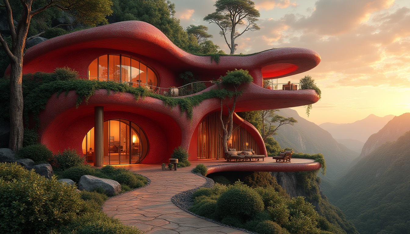 Prompt: Organic architecture, red color accent, curvaceous lines, futuristic structure, biomimetic design, natural materials, wooden accents, earthy tone, green roof, vines crawling up walls, warm lighting, cozy atmosphere, sunset view, mountainous background, abstract composition, dramatic shadows, high contrast, cinematic mood.