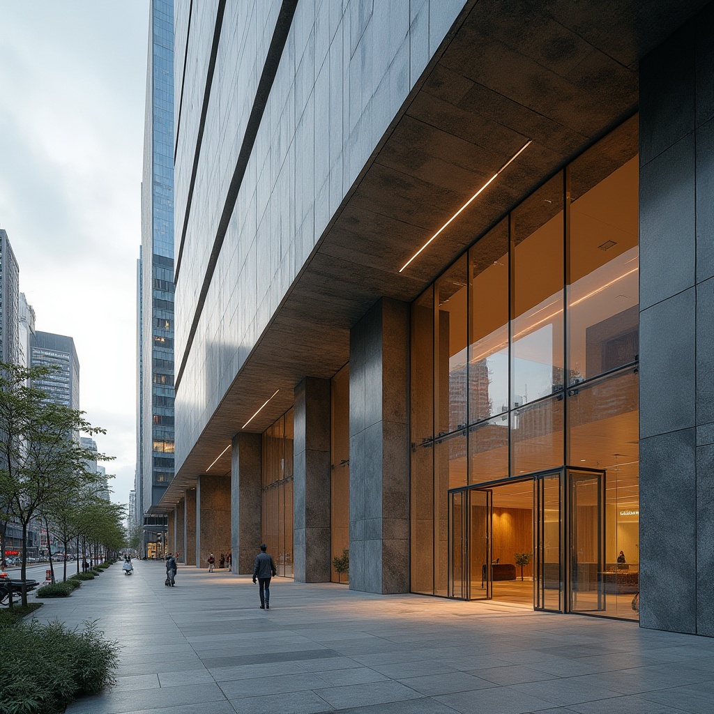 Prompt: Modern building, granite material, luxurious facade, sleek lines, urban cityscape, skyscraper, busy street, daytime, natural light, detailed texture, reflective surface, grand entrance, robust pillars, minimalist interior, polished floor, natural pattern, earthy tone, 3/4 composition, low-angle shot, cinematic lighting.