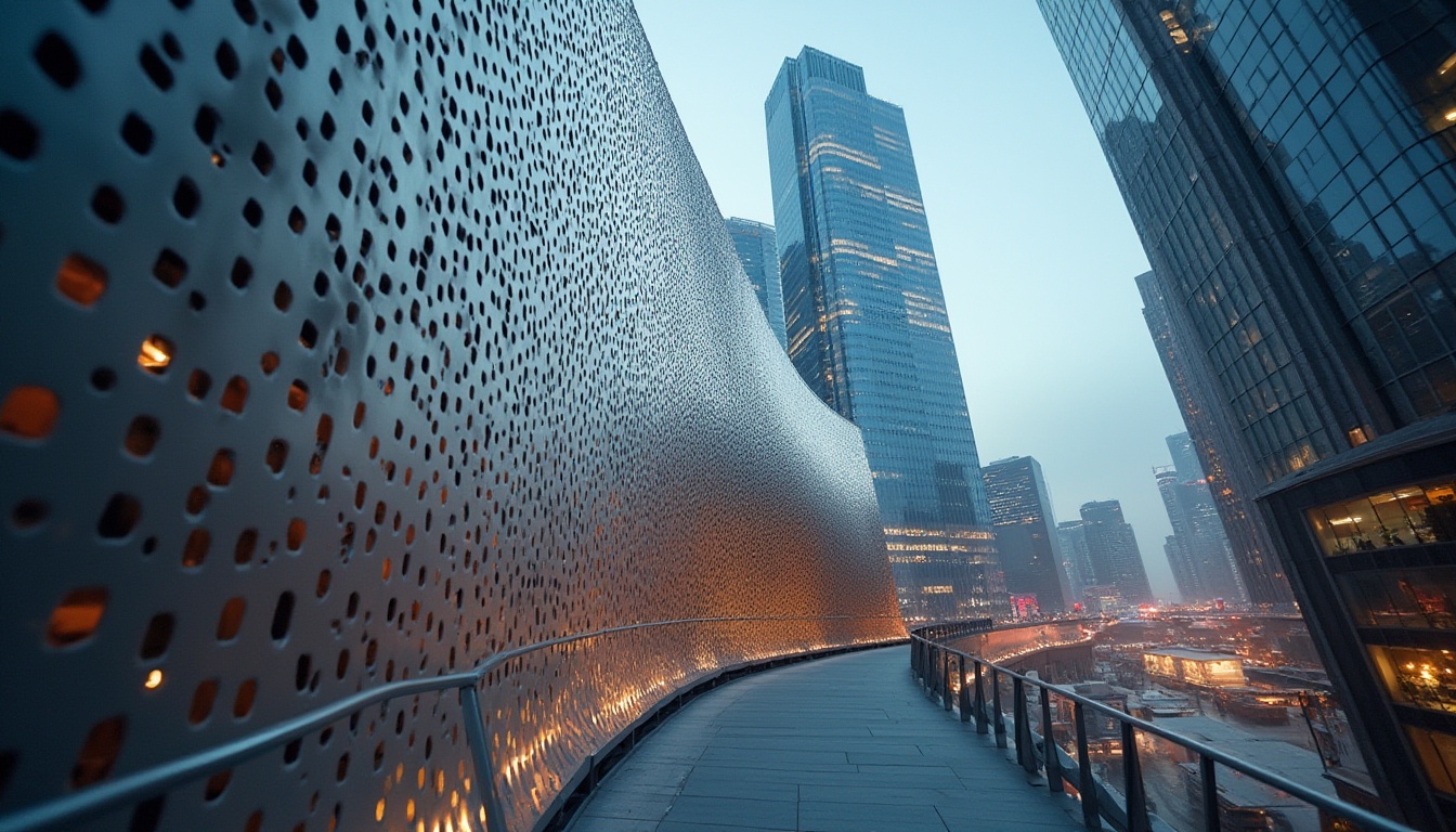 Prompt: Modern perforated metal design, sleek urban architecture, metallic latticework, intricate patterns, industrial chic, silver-gray tone, reflective surface, subtle lighting, urban skyscraper, cityscape at dusk, misty atmosphere, shallow depth of field, cinematic composition, low-angle shot, dramatic shadows.