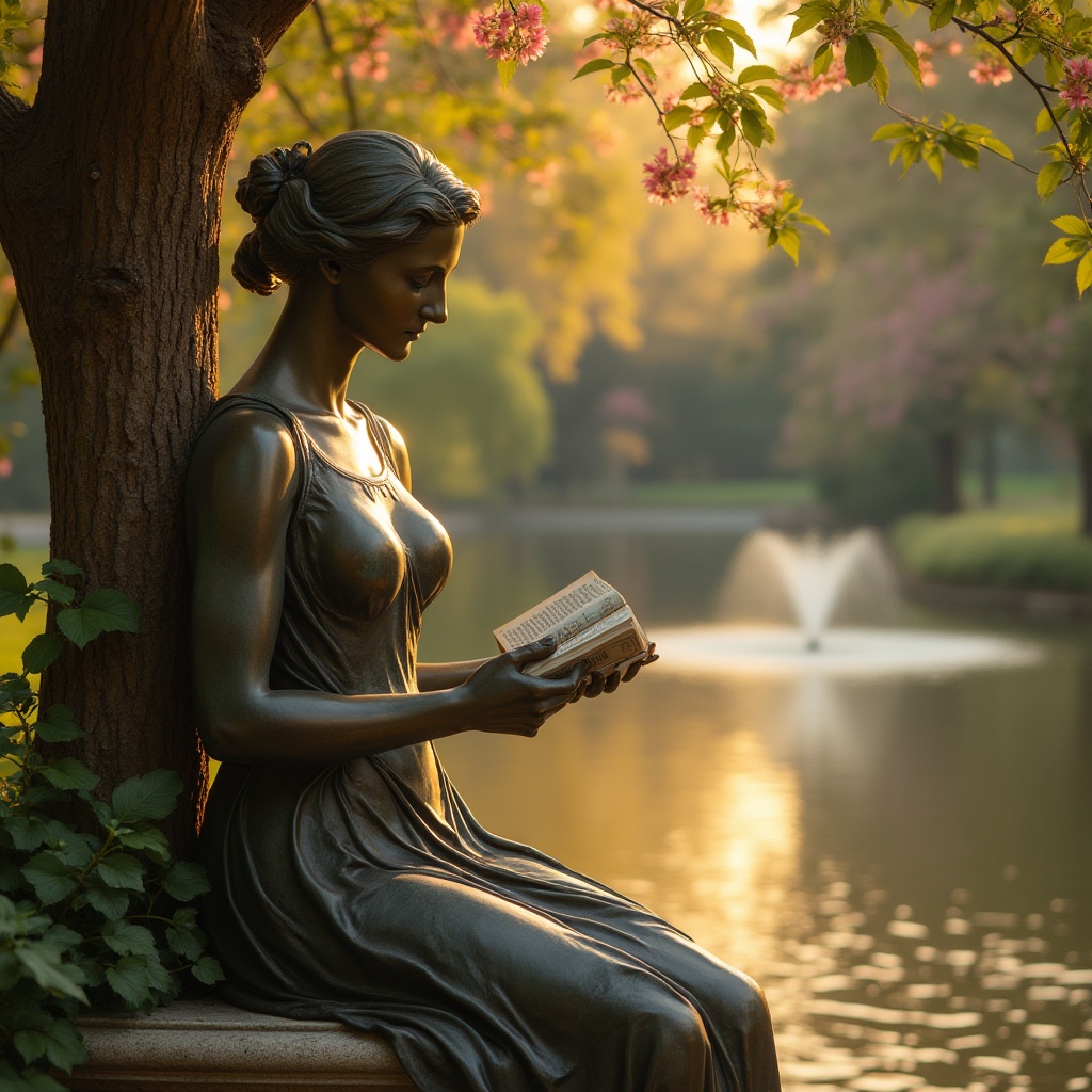 Prompt: Bronze statue, romantic campus, golden hour, soft warm light, gentle shadows, lush greenery surroundings, beautiful blooming flowers, tranquil lake or fountain nearby, delicate water ripples, subtle mist, nostalgic atmosphere, intricate bronze details, ornate patina, elegant posture, tender facial expression, flowing dress, holding a book or flower, leaning against a tree or stone bench, warm color palette, cinematic composition, 3/4 view angle.