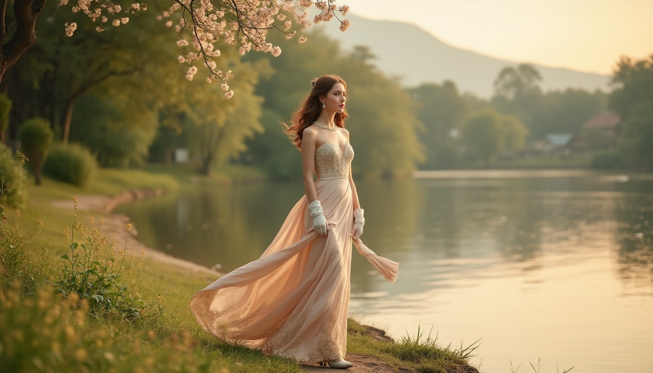 Prompt: Elegant lady, 25yo, standing, riverbank, classical style, refined features, soft curly brown hair, subtle makeup, pearl necklace, white lace gloves, flowing silk evening gown, golden embroidered hem, high heels, holding a parasol, gentle breeze, sunset time, warm soft light, tranquil atmosphere, lush greenery, blooming flowers, river water reflecting the sky, distant trees, serene mountain backdrop, 3/4 composition, shallow depth of field, cinematic lighting.