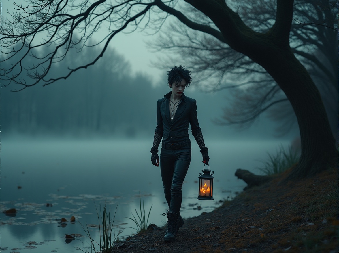 Prompt: Lakefront, mystical atmosphere, twilight hour, misty fog rolling off the lake's surface, eerie silence, ancient trees with twisted branches, overgrown with vines and moss, a lone figure, male, 25yo, pale skin, dark circles under eyes, black hair styled in a messy, spiky fashion, bold red lipstick, fishnet stockings, leather pants, heavy combat boots, silver crucifix pendant, intricate lace gloves, holding a lantern with flickering candles, walking along the lake's edge, fog swirling around ankles, water lilies and reeds swaying gently, distant sounds of whispering wind and creaking trees, cinematic composition, low-key lighting, high contrast, mysterious ambiance.