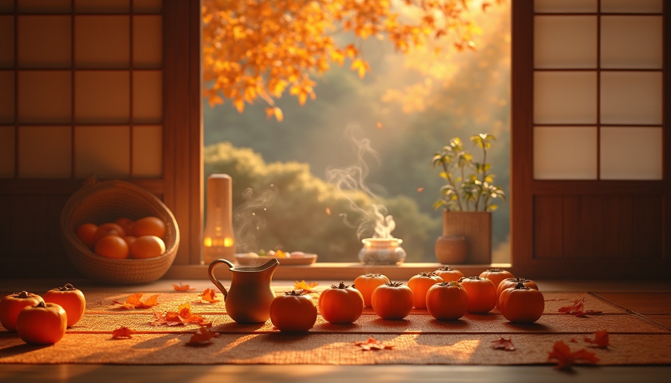 Prompt: Vibrant persimmon color, warm and inviting tone, cozy autumn atmosphere, traditional Japanese setting, Shoji screens, sliding doors, Tatami mats, low seating, soft lighting, lanterns, wooden accents, woven baskets, seasonal fruits, steaming tea, gentle smiles, intimate gathering, family bonding, harvest celebration, rustic simplicity, natural textures, earthy tones.