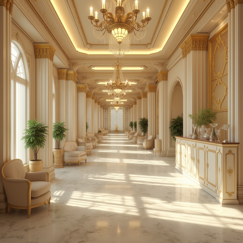 Prompt: Cream color, luxurious interior, Art Deco style, ornate patterns, geometric shapes, metallic accents, velvety texture, soft lighting, elegant atmosphere, 1920s inspiration, vintage flair, opulent furnishings, marble floors, high ceilings, grand chandeliers, lavish decorations, sophisticated ambiance.