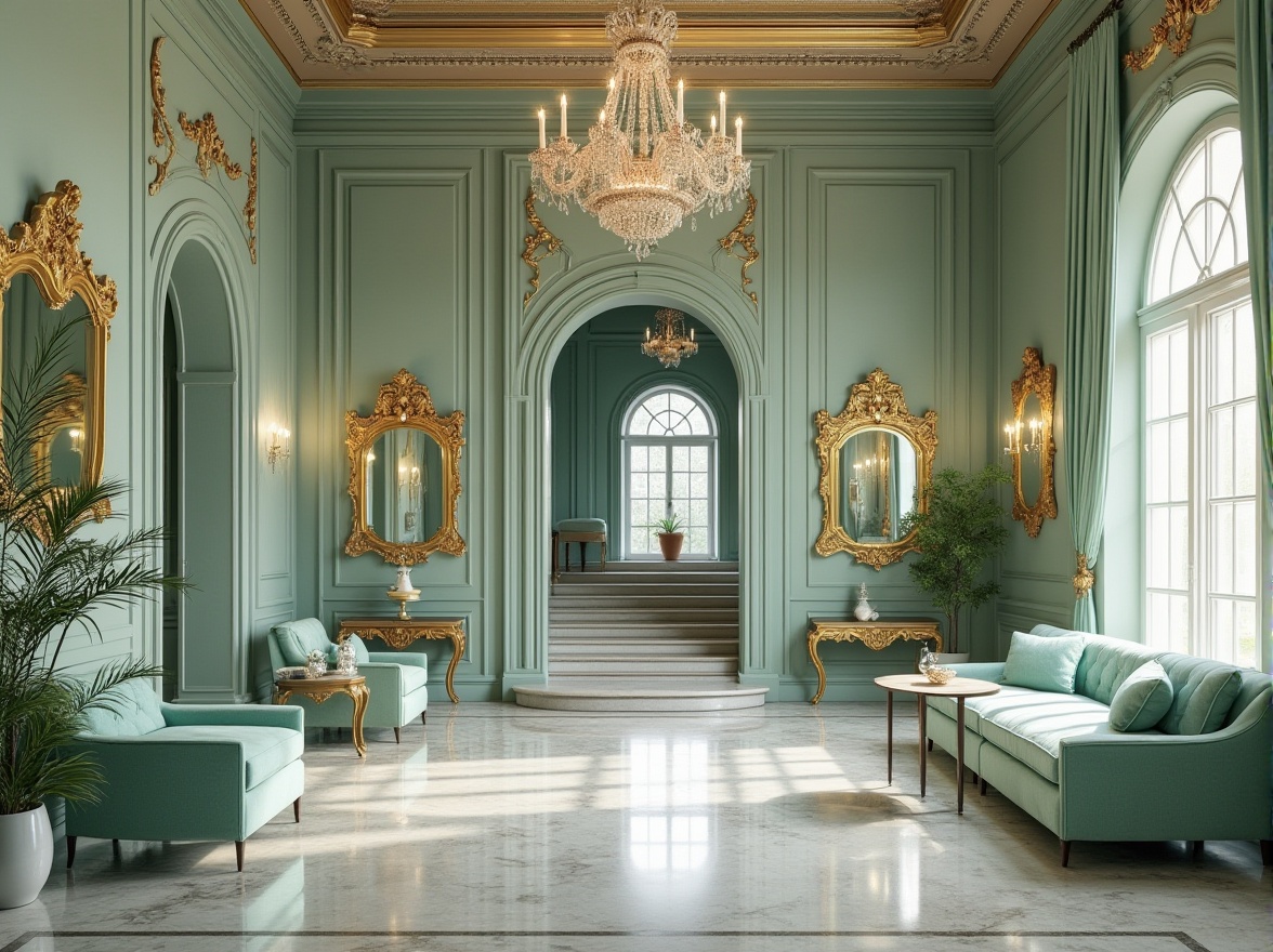 Prompt: Modern luxurious interior, mint color accents, golden frames, ornate mirrors, Renaissance-inspired furniture, velvet upholstery, intricate carvings, crystal chandeliers, marble floors, high ceilings, grand staircase, elegant archways, lavish drapery, soft warm lighting, 3/4 composition, shallow depth of field, cinematic ambiance.