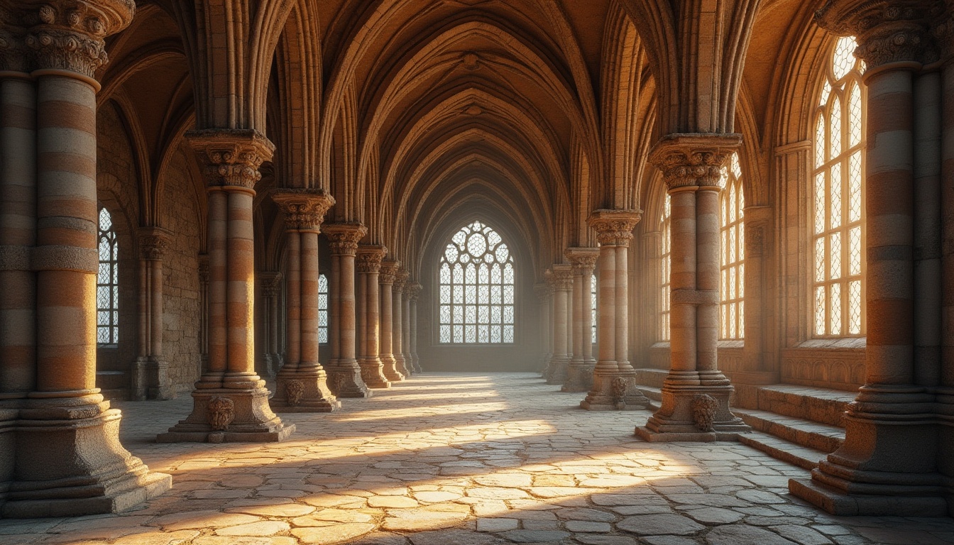 Prompt: Ancient Romanesque architecture, grandiose building, Masonry materials, stones, bricks, rocks, rugged texture, intricate carvings, ornate details, column, arches, vaulted ceiling, grand hall, high ceiling, stained glass windows, warm lighting, dramatic shadows, morning sun, soft focus, 3/4 composition.