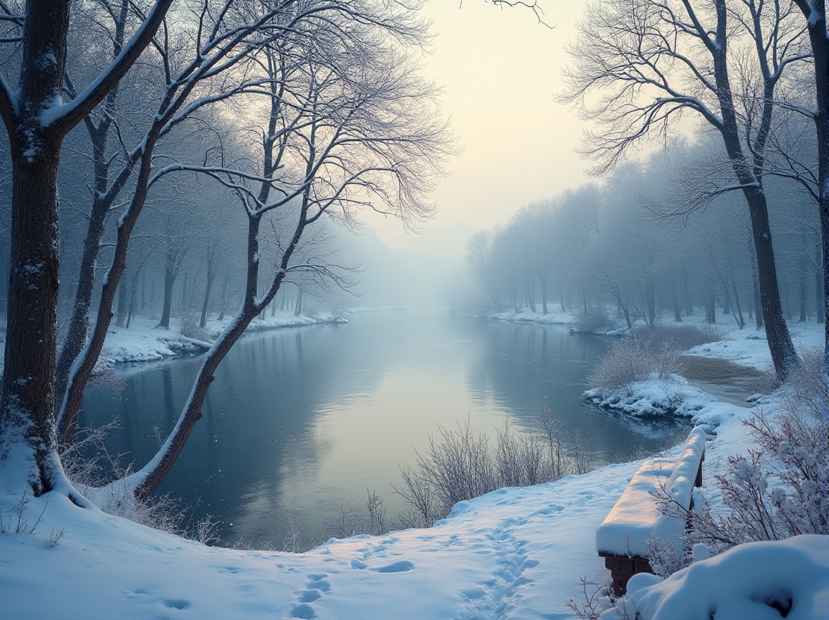 Prompt: Riverbank scene, snow-covered trees, frosty atmosphere, serene river flow, gentle slope, natural stone stairs, wooden bench, snowflakes gently falling, soft misty background, warm lighting, peaceful ambiance, winter season, icy blue water reflection, distant snowy mountains, scattered footprints in the snow, frozen leaves on branches, delicate twig details, cinematic composition, 3/4 view angle.