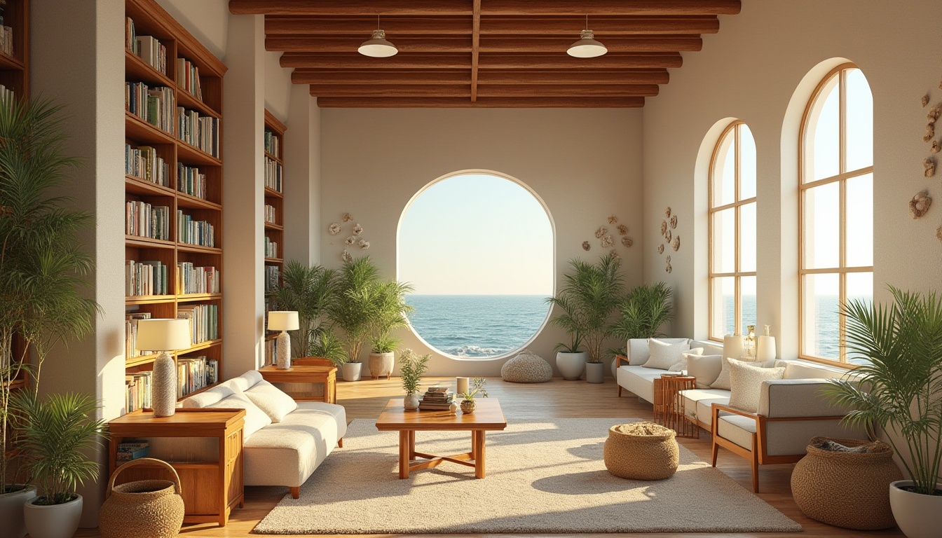 Prompt: Coastal atmosphere, library interior, calm ambiance, warm beige walls, floor-to-ceiling bookshelves, wooden tables with green lamps, comfortable armchairs, ocean-inspired artwork, driftwood decorations, woven sea grass baskets, natural fiber rugs, large windows with panoramic ocean views, gentle sea breeze, soft warm lighting, reading nook with plush pillows, potted palm trees, seashell mobiles, minimalistic book arrangements, serene atmosphere, morning sunlight, 3/4 composition, shallow depth of field.