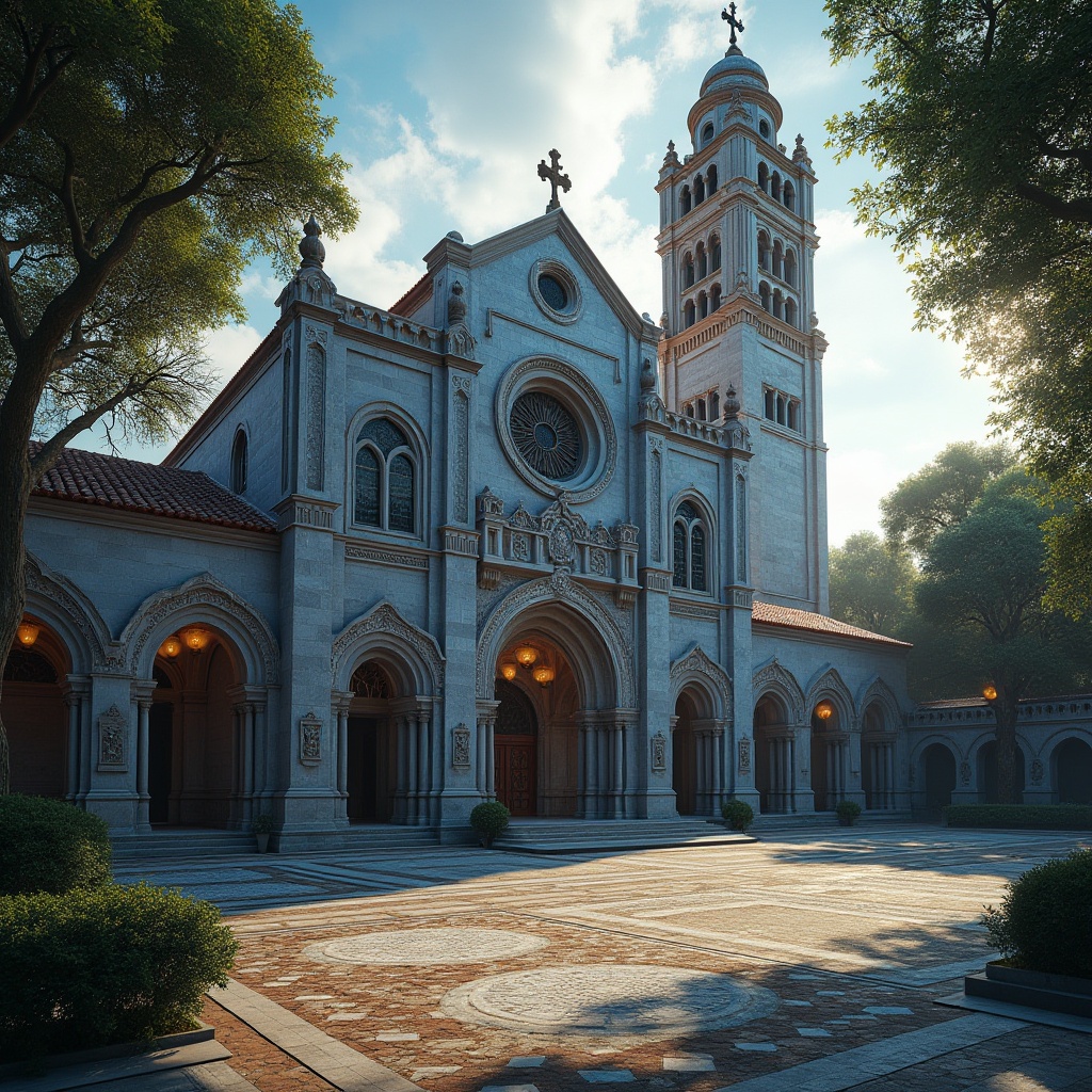 Prompt: Romanesque building, indigo color walls, ornate stone carvings, grand arches, stunning stained glass windows, intricate mosaic floors, majestic bell tower, serene courtyard, lush greenery, ancient trees, warm afternoon sunlight, soft shadows, atmospheric ambient lighting, 3/4 composition, high-angle shot.