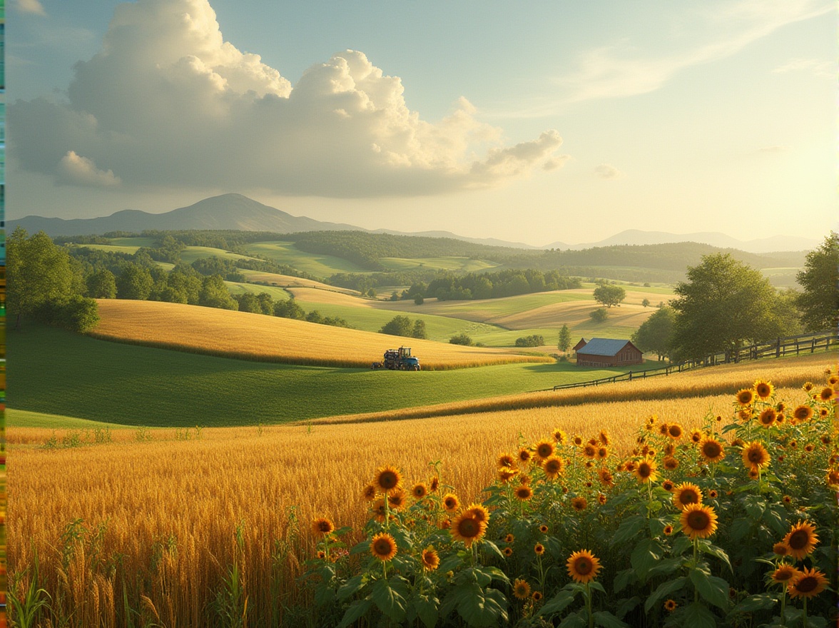 Prompt: Rustic countryside scene, integrating farmland into design, idyllic landscape, rolling hills, lush green fields, wheat, corn, sunflowers, wildflowers, farmhouse in the distance, wooden fences, vintage tractors, hay bales, rural atmosphere, warm sunlight, soft focus, natural texture, earthy tones, serene ambiance, panoramic view, 3/4 composition.