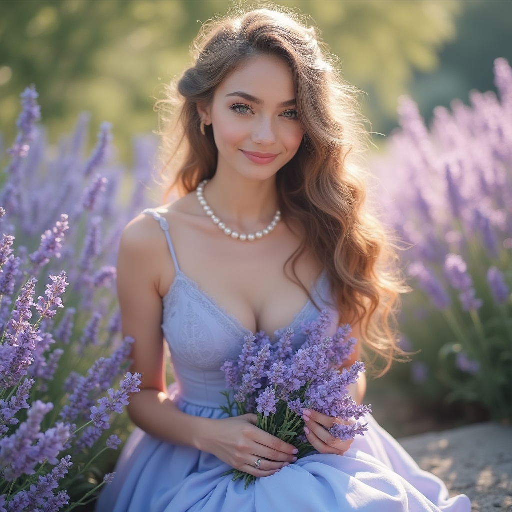 Prompt: Lavender blue, pastel colors, soft romantic atmosphere, dreamy eyes, gentle smile, curly hair, light makeup, elegant dress, flowing skirt, lace details, pearl necklace, holding flowers, sitting on a stone bench, surrounded by blooming lavender, sunny afternoon, warm lighting, soft focus, shallow depth of field, whimsical composition, vintage tone.