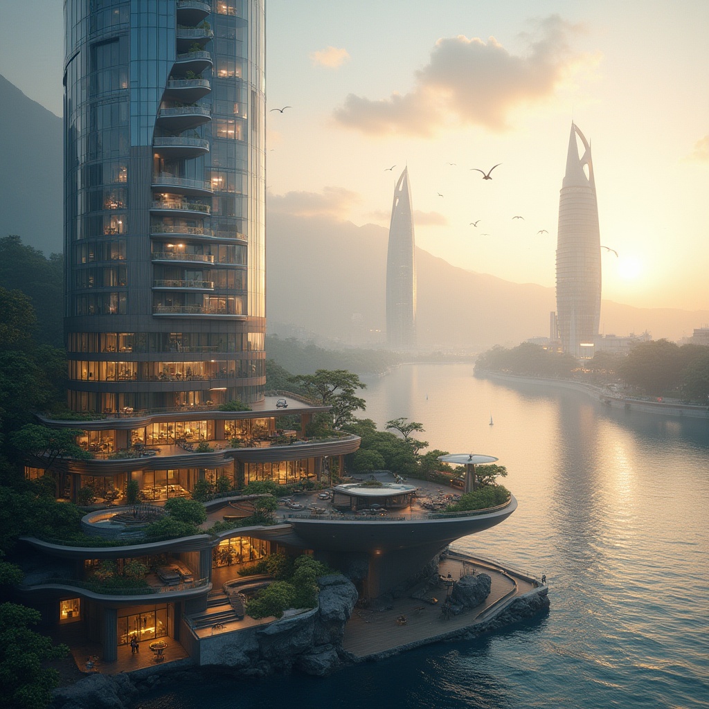 Prompt: Lakefront skyscrapers, futuristic, modern architecture, glass, steel, reflective surface, luxurious interior, rooftop garden, lake view, mountain backdrop, sunset, warm golden light, gentle waves, sailboats, seagulls flying overhead, misty morning atmosphere, fog rolling in from the lake, calm and serene ambiance, 3/4 composition, shallow depth of field, cinematic lighting, vibrant city life contrasting with peaceful natural surroundings.