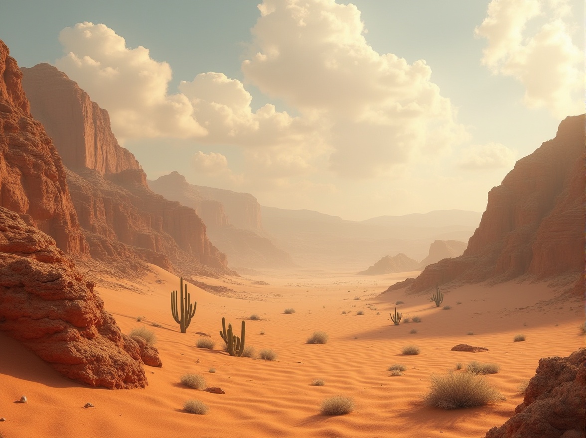 Prompt: ocher color, desert landscapes, sandy dunes, rocky formations, cacti, vast open spaces, warm lighting, soft shadows, cinematic composition, low-angle shot, dramatic skies, fluffy white clouds, subtle texture, natural material, earthy tone, serene atmosphere, peaceful ambiance.