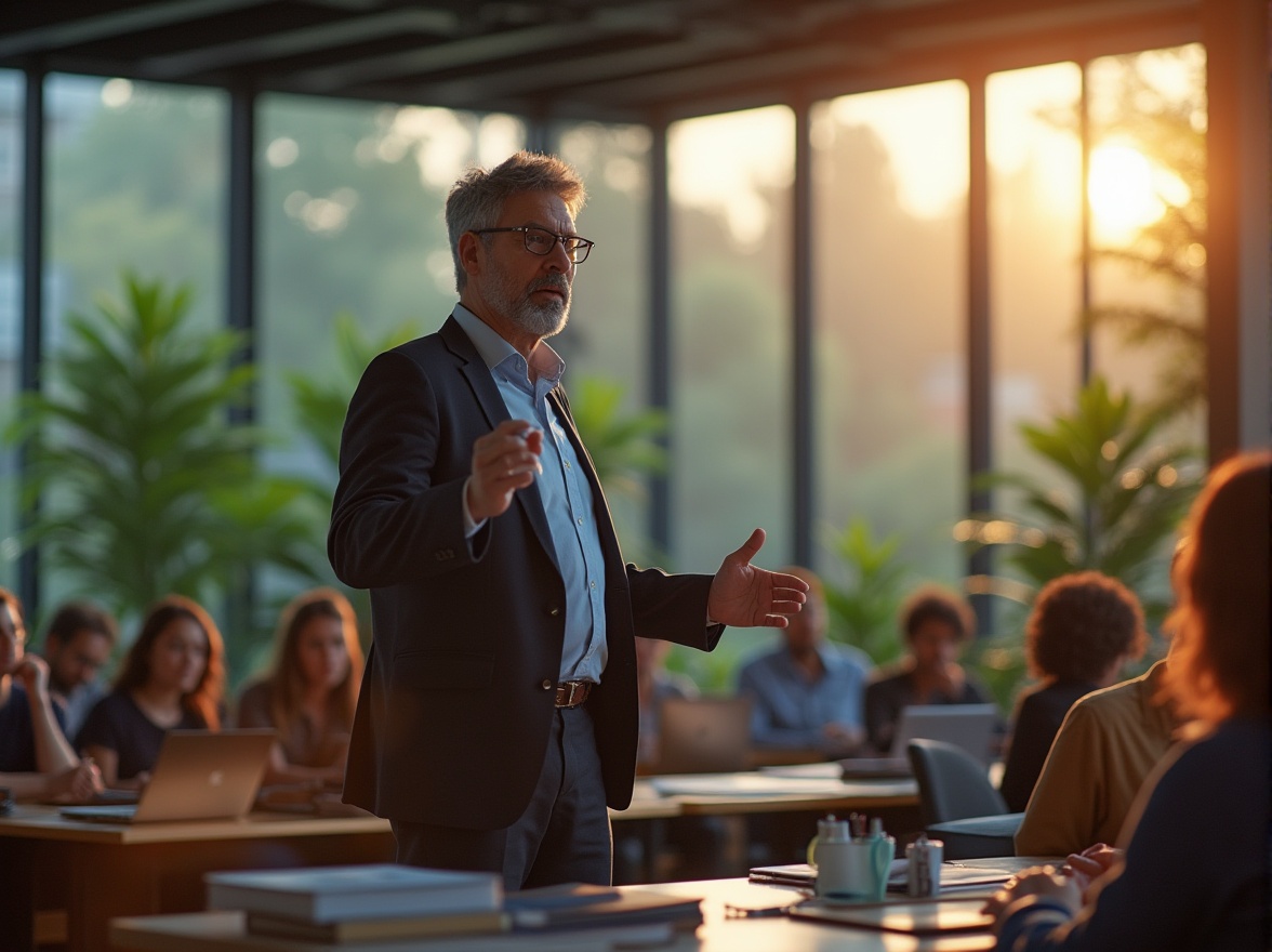 Prompt: Modern university campus, regional architecture style, successful implementation, case study, mature professor, glasses, beard, suit, briefcase, lecturing, standing, pointing to a presentation screen, projector light, auditorium seating, wooden podium, whiteboard markers, students taking notes, laptops open, books stacked, greenery plants, large windows, natural lighting, afternoon sun, soft shadows, 3/4 composition, warm color palette, educational atmosphere.