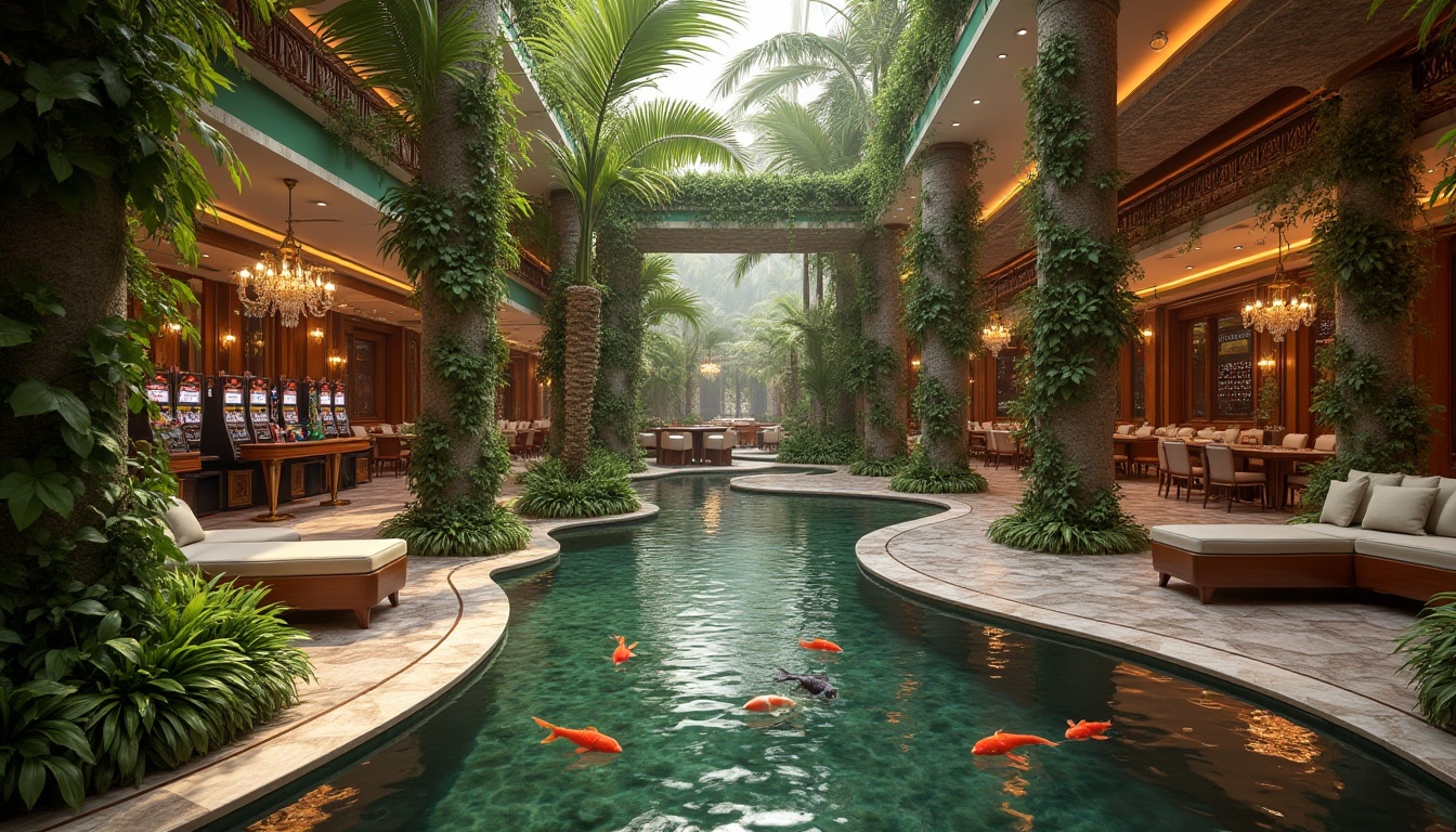 Prompt: Luxurious casino interior, natural ambiance, tropical plants, palm trees, vines on columns, water features, small pond, Koi fish, gentle waterfall, soft lighting, warm colors, marble floors, wooden accents, elegant chandeliers, modern slot machines, roulette table, poker room, VIP lounge, comfortable sofas, green walls, living walls, natural stone, earthy tones, serene atmosphere, peaceful ambiance, 3/4 composition, cinematic lighting, realistic rendering.