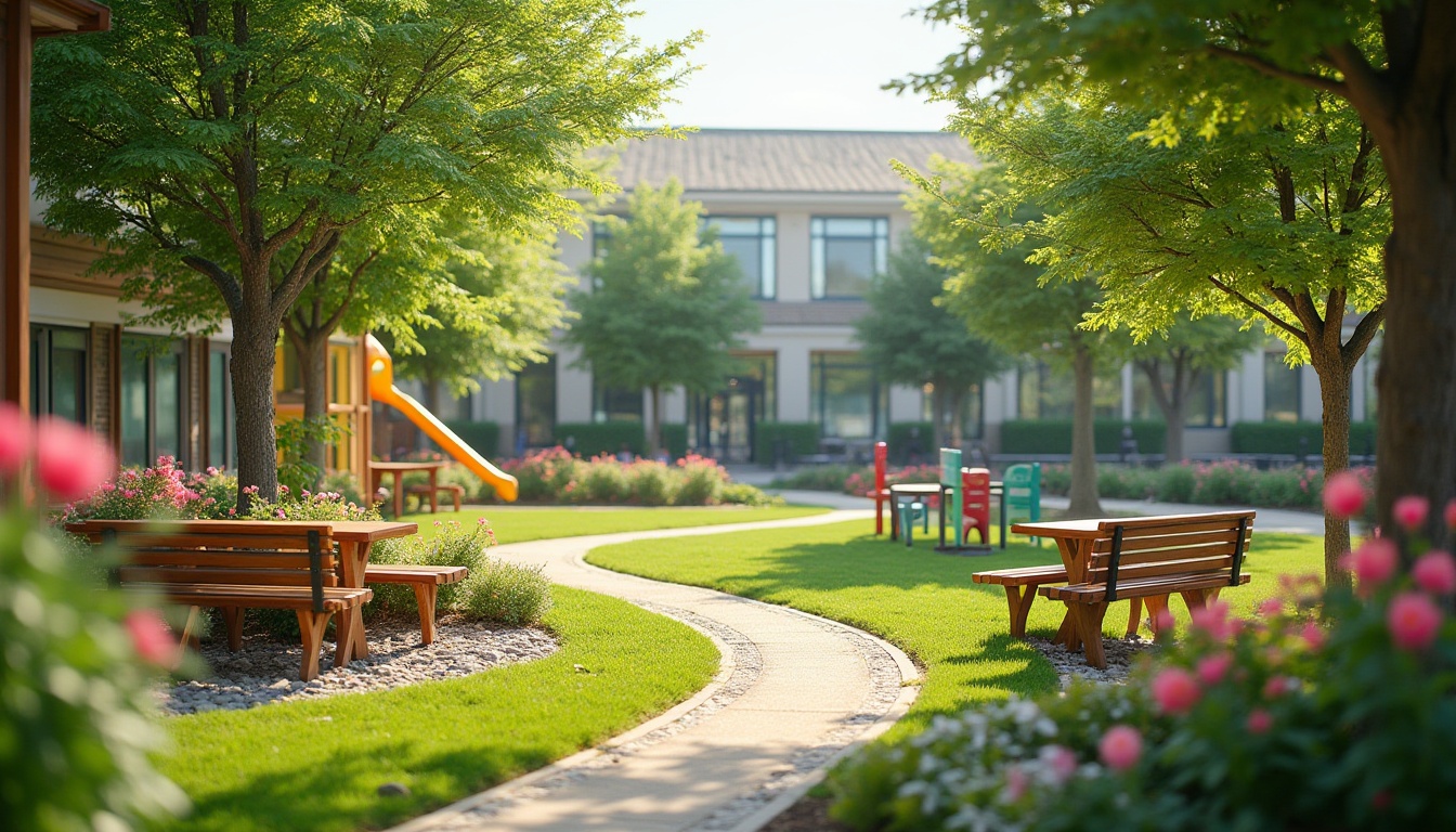 Prompt: Schoolyard landscaping, vibrant greenery, blooming flowers, winding paths, rustic wooden benches, shaded trees, educational signage, colorful outdoor furniture, modern playground equipment, slides, climbing frames, sandbox, basketball court, tennis court, lush grass, decorative stones, school building in the background, sunny afternoon, warm lighting, 3/4 composition, blurred background, shallow depth of field.