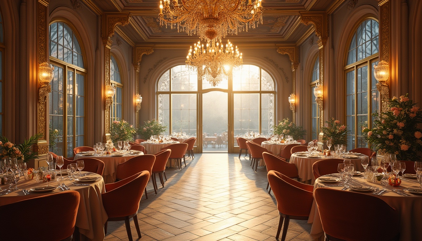 Prompt: Regionalism style dining hall, grand chandelier, glass materials, ornate ceiling, luxurious atmosphere, wooden tables, velvet chairs, golden frame mirrors, floor-to-ceiling windows, panoramic view, natural lighting, afternoon sunbeams, warm color tones, elegant decorations, intricate patterns, floral arrangements, soft focus, cinematic composition, shallow depth of field.