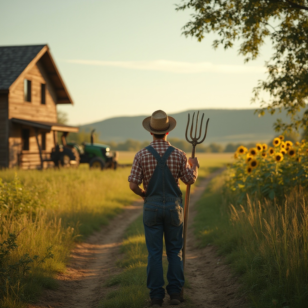 Prompt: Rustic countryside, integrating farmland into design, modern farmhouse, wooden accents, greenery surroundings, rolling hills, sunflower fields, wheat fields, tractor in distance, farmer in overalls, straw hat, holding a pitchfork, relaxed posture, warm sunlight, natural texture, earthy tone, 3/4 composition, shallow depth of field, cinematic lighting, serene atmosphere.