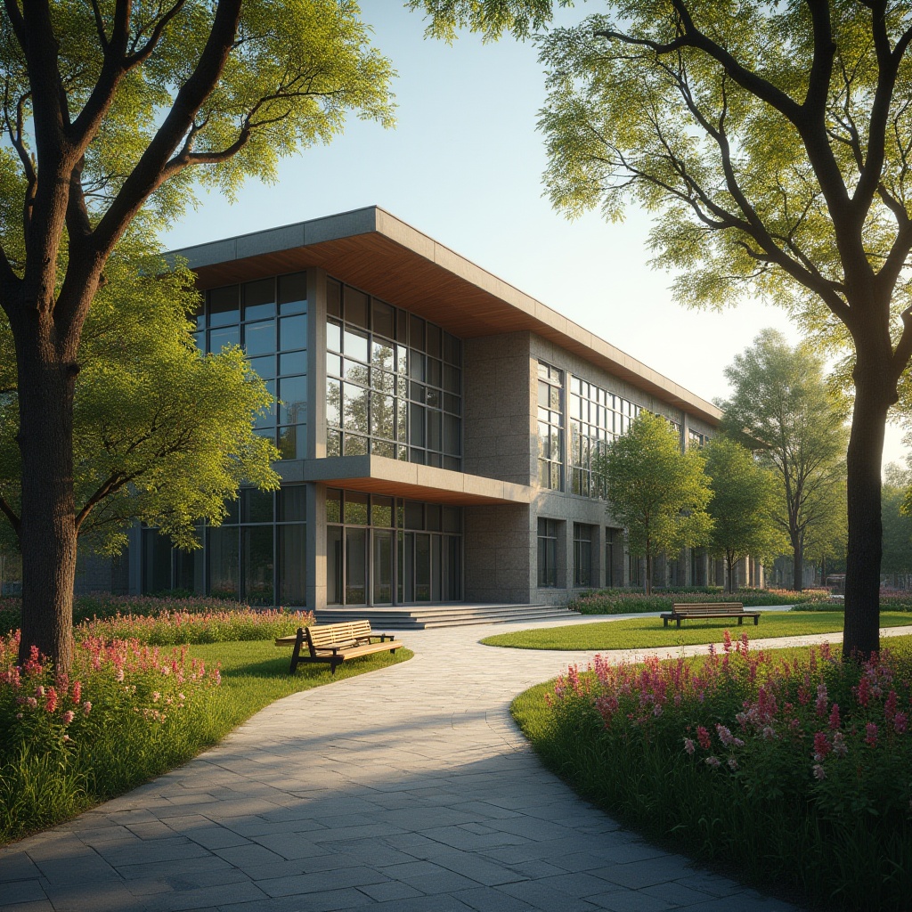 Prompt: Modern university building, regionalism style, grand entrance, stone walls, large windows, sloping roof, greenery surroundings, vibrant flowers, trees with intricate branches, outdoor benches, walking paths, natural light, warm afternoon sun, soft shadows, 3/4 composition, depth of field, cinematic lighting, subtle color palette, contrast between modern and traditional elements.