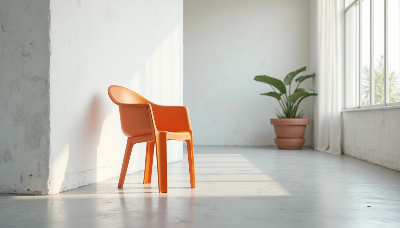 Prompt: Modern industrial interior, polyethylene chair, solo, minimalist space, white walls, concrete floor, large windows, natural light, 3/4 composition, close-up on chair, smooth texture, matte finish, simple lines, curved shape, durable material, recyclable, eco-friendly, Scandinavian design style, bright colors accents, abstract art pieces, plants in the background.