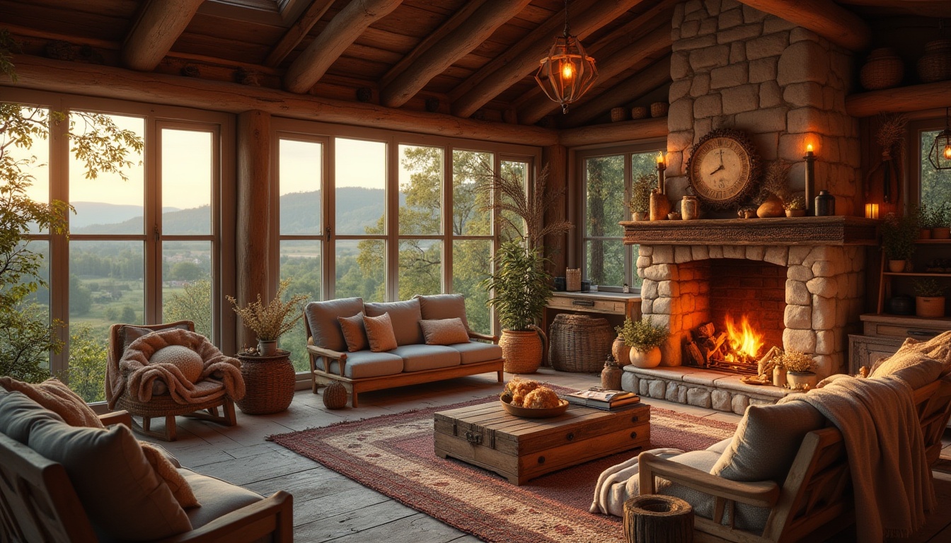 Prompt: Cozy rural home, inviting living room, rustic wooden furniture, vintage decorations, earthy color palette, natural materials, woven baskets, potted plants, soft candlelight, warm textiles, plush throw blankets, farmhouse style, stone fireplace, wooden beams, large windows, scenic countryside view, rolling hills, sunset glow, peaceful atmosphere, 3/4 composition, soft focus, warm lighting.