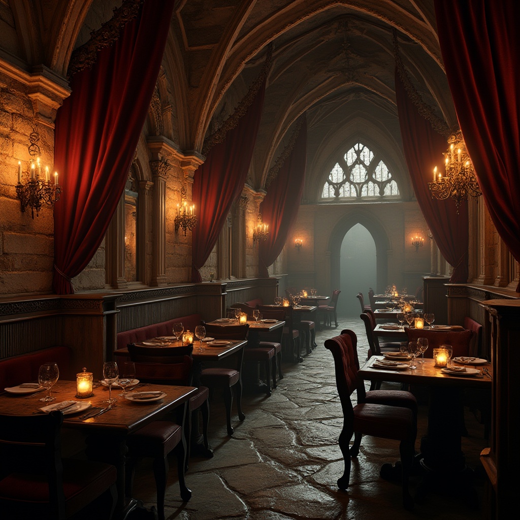 Prompt: Gothic style restaurant, dimly lit, vaulted ceilings, grand chandeliers, ornate wooden tables, red velvet curtains, corrugated metal accents, distressed stone walls, mysterious ambiance, warm candlelight, eerie shadows, dark wood chairs, intricately carved decorations, medieval-inspired architecture, dramatic archways, luxurious atmosphere, soft focus, cinematic composition.