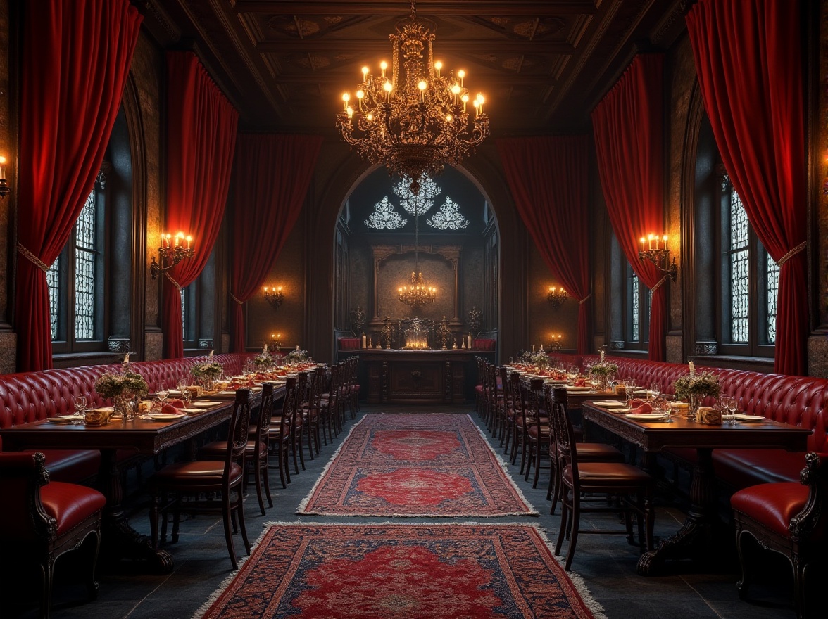 Prompt: Dark, mysterious gothic restaurant interior, grand chandelier, heavy velvet drapes, wooden tables with intricate carvings, ornate metal chairs, red leather sofas, stone walls, dim candle lighting, ornamental candelabras, luxurious thick rugs, medieval-style wooden benches, mysterious dark wood paneling, dramatic high ceilings, old-world European Gothic architecture.