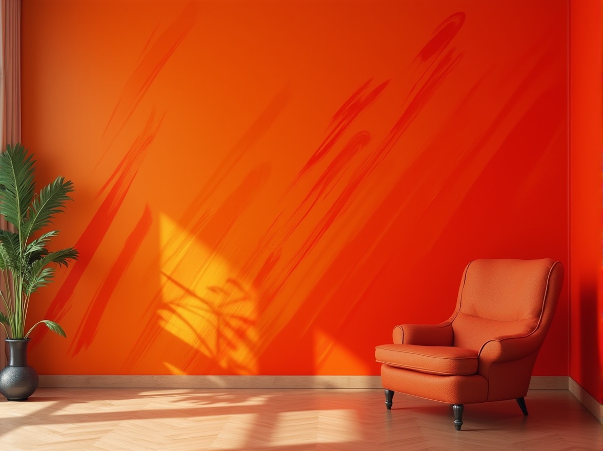 Prompt: Vibrant orange-red wall, dynamic brush strokes, abstract art piece, bold color blocking, modern interior design, luxurious ambiance, warm tone, energetic atmosphere, contrast with neutral background, dramatic lighting effect, shallow depth of field, close-up shot, artistic composition, expressive texture.