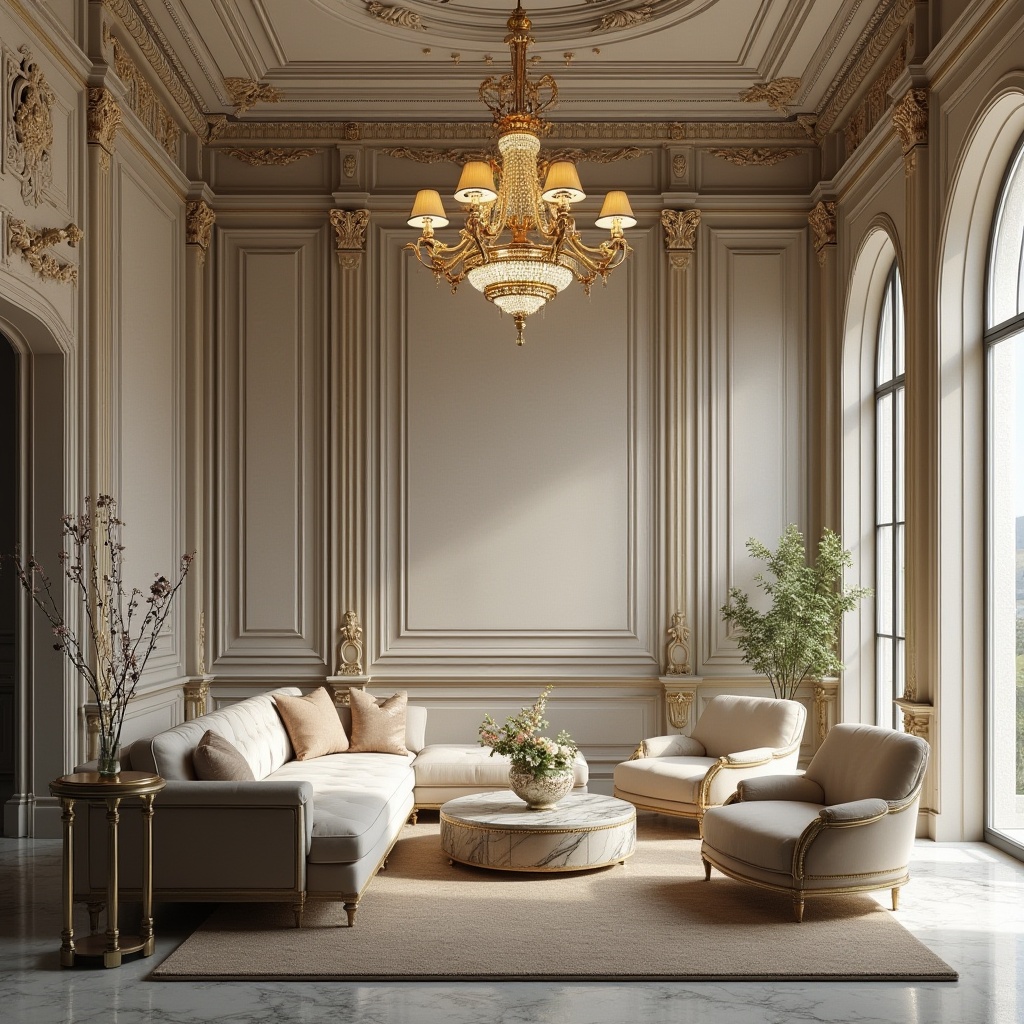 Prompt: Interior design, plaster material, ornate ceiling, detailed moldings, grand chandelier, luxurious furniture, velvet sofa, marble table, flower vase, large window, natural light, soft shadows, warm atmosphere, 3/4 composition, shallow depth of field, cinematic lighting, realistic rendering.