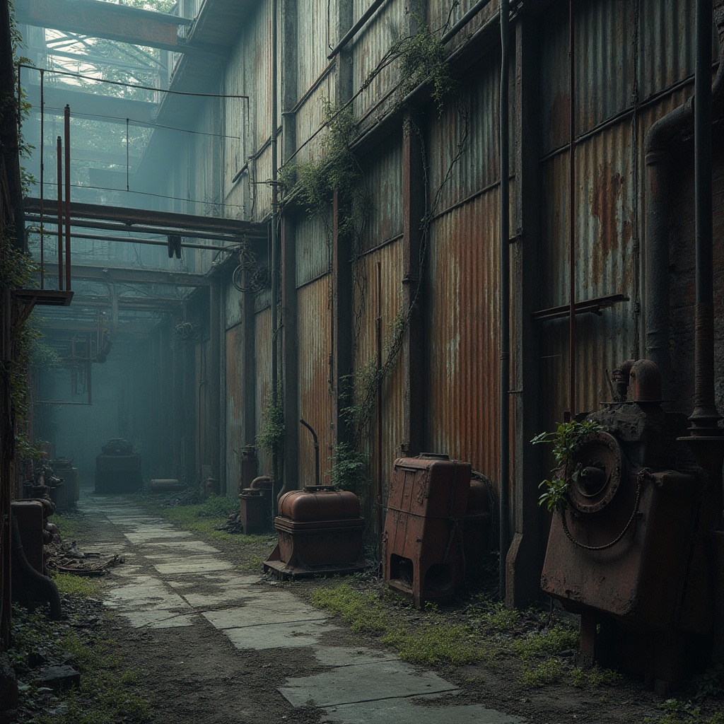 Prompt: Industrial modern architecture, corrugated iron wall, rusty distressed texture, metallic sheen, brutalist style, urban cityscape, abandoned factory, gritty atmosphere, dramatic low-key lighting, foggy misty background, old crumbling bricks, vines crawling up walls, broken windows, rusty machinery, decaying industrial equipment, cinematic composition, 3/4 view, high contrast, moody color palette.