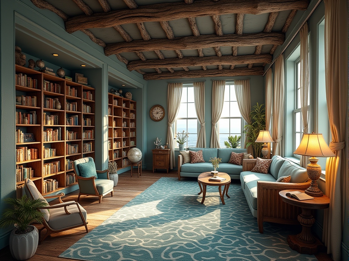 Prompt: Cozy library, coastal atmosphere, bookshelves resembling driftwood, ocean-blue walls, wavy patterned carpet, comfortable reading nooks, plush couches, natural light pouring through large windows, sea-inspired decorative accents, vintage navigational instruments, old globes, distressed wooden tables, lantern-style lamps, soft beige curtains, calming ambiance, peaceful readers, warm lighting, 3/4 composition, shallow depth of field, realistic rendering.