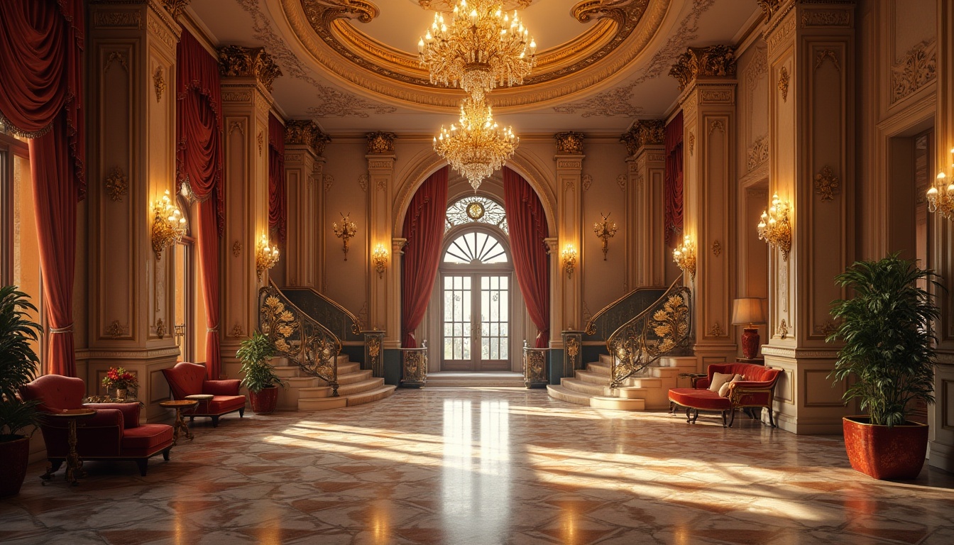 Prompt: Luxurious hotel lobby, Renaissance style, grand chandelier, ornate gold decorations, intricate stone carvings, marble floors, sweeping staircase, velvet drapes, elegant furnishings, majestic high ceilings, warm lighting, soft focus, 3/4 composition, dramatic shadows, classic European-inspired architecture, lavish decor, warm color palette, ambient atmosphere.