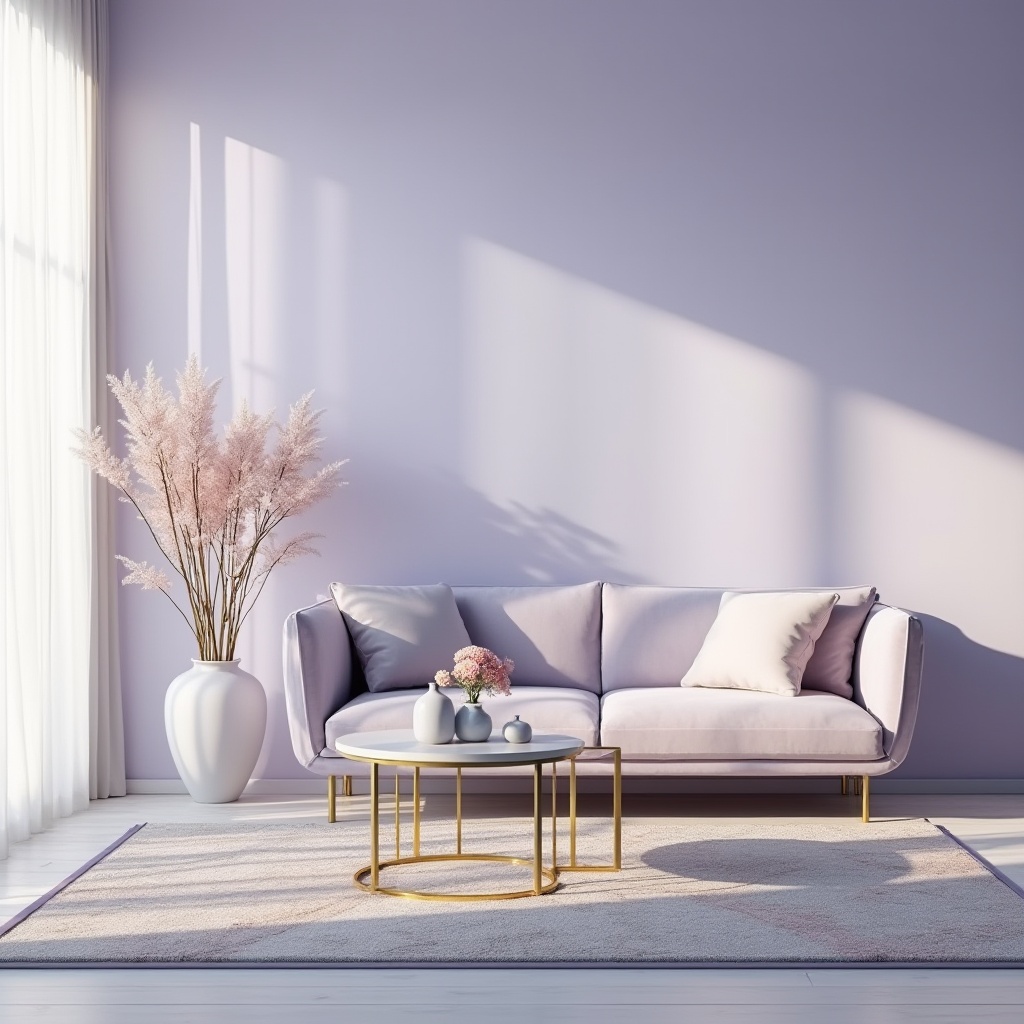 Prompt: Lavender blue themed interior, modern minimalist living room, soft lavender blue walls, sleek low-profile couch, velvet upholstery, golden metal legs, geometric patterned rug, minimalist coffee table, decorative vases, pastel colored flowers, natural light pouring in through floor-to-ceiling windows, sheer white curtains, morning ambiance, warm lighting, 3/4 composition, shallow depth of field.