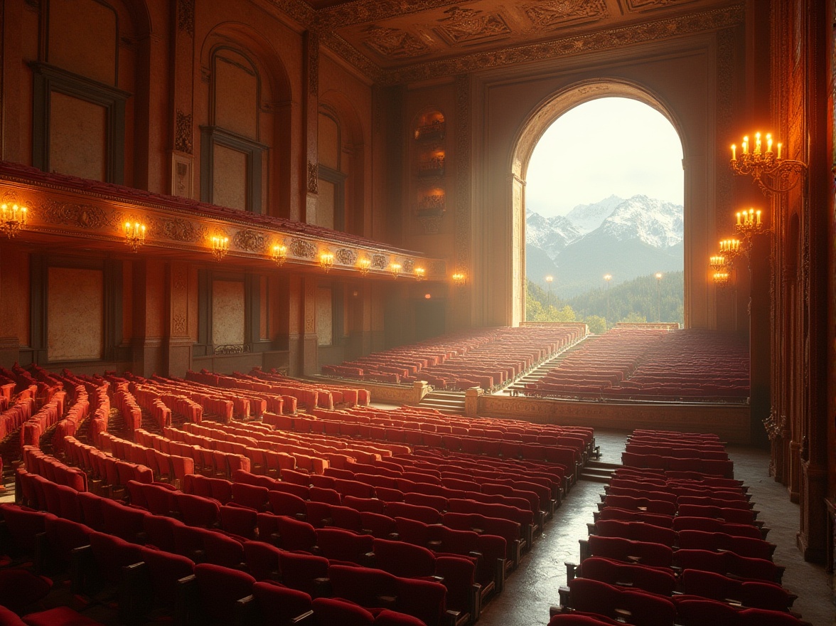 Prompt: Mountainous auditorium, grand staircase, Sienna color stone walls, warm golden lighting, luxurious velvet seats, ornate wooden handrails, majestic high ceiling, vast open space, dramatic spotlights, elegant chandeliers, natural scenery outside large windows, snow-capped mountains in the distance, misty atmosphere, cinematic composition, soft focus background, detailed architecture, realistic texture.