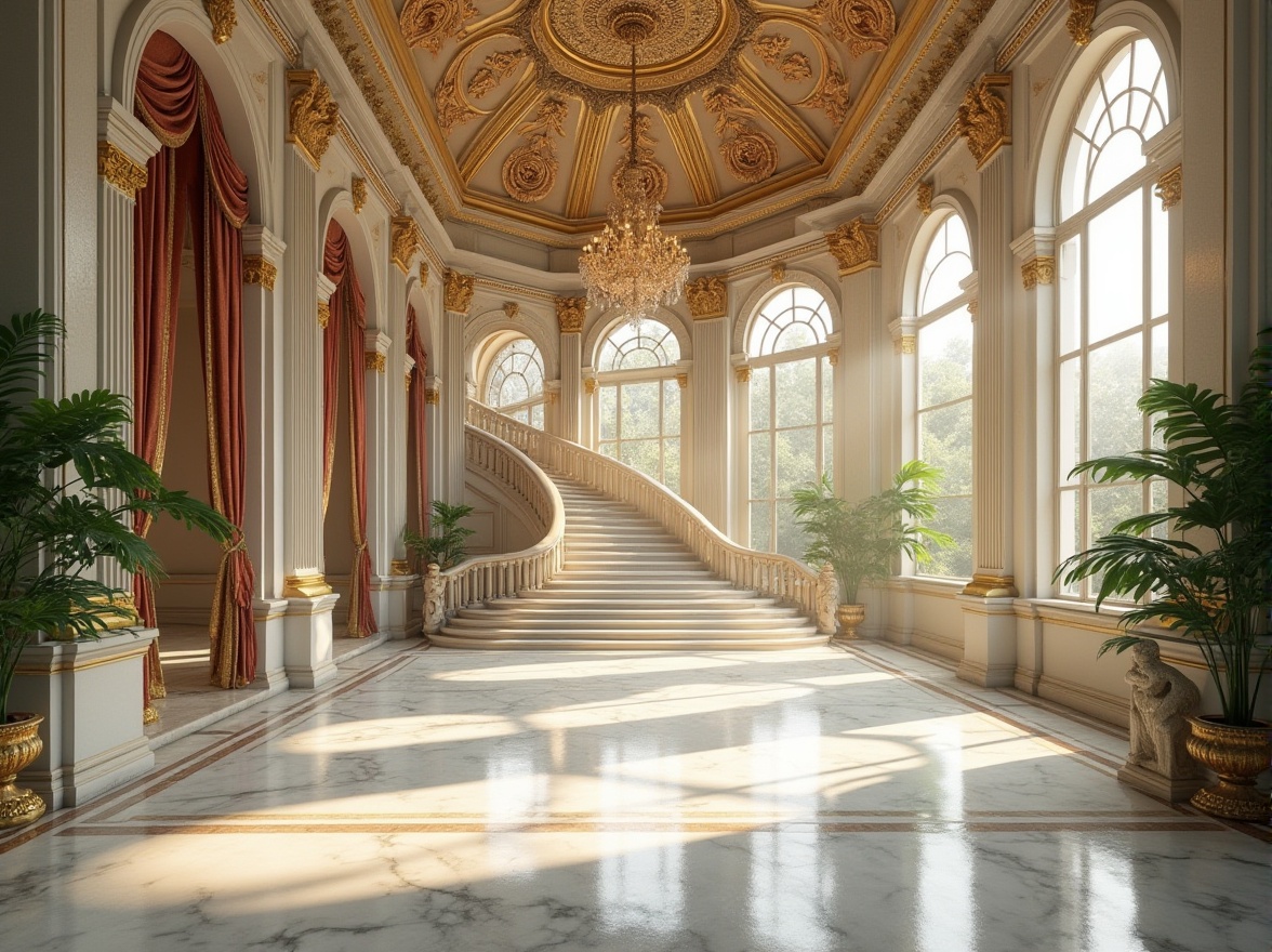 Prompt: Grand Renaissance pavilion, ornate marble columns, intricately carved marble arches, polished white marble floors, elegant grand staircase, lavish chandelier, ornate gold decorations, luxurious velvet drapes, majestic high ceiling, classical sculptures, lush greenery, natural light pouring through large windows, warm afternoon sunlight, soft shadows, 3/4 composition, realistic texture.