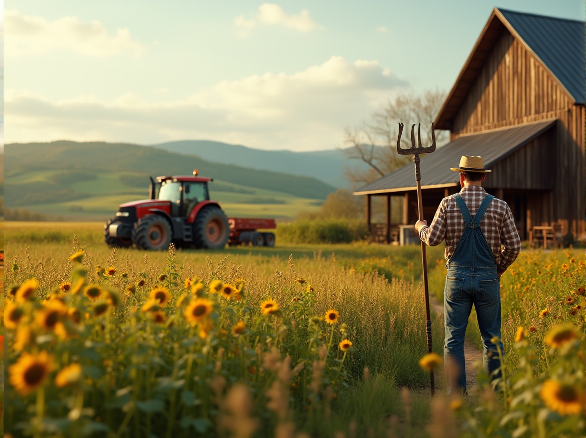 Prompt: Rustic countryside, integrating farmland into design, modern farmhouse, wooden accents, greenery surroundings, rolling hills, wheat fields, sunflowers, wildflowers, rural landscape, tractor in the distance, farmer in overalls, straw hat, holding a pitchfork, standing near a barn, natural lighting, warm colors, soft focus, cinematic composition, 3/4 shot, gentle breeze.